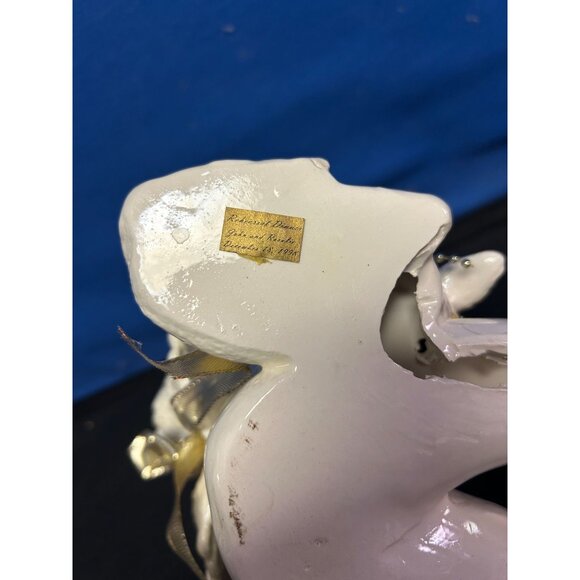 Ceramic Angel Figurine Playing Horn With Lamb & Gold Ribbon Wings - Picture 5 of 5